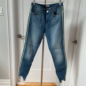 Dex Jeans with green/white stripe and frayed/distressed ankles